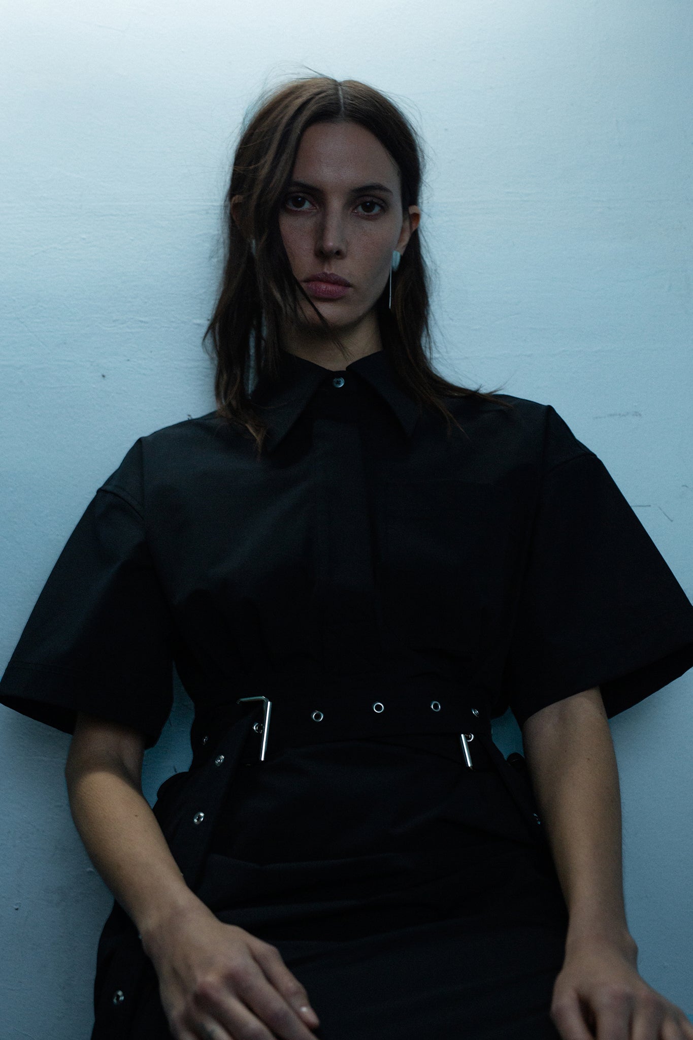 Short Sleeved Belted Shirtdress - Black