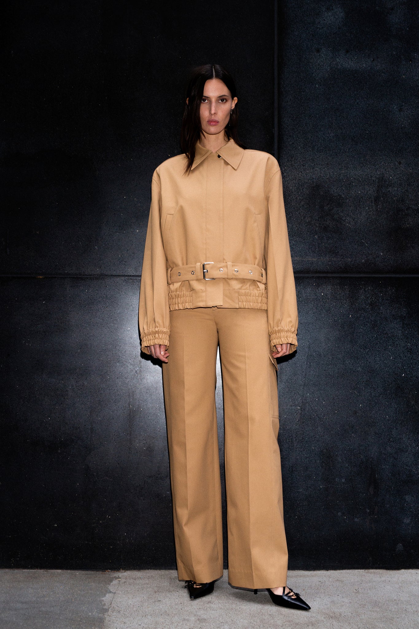 Zip Front Oversized Cotton Twill Jacket - Khaki