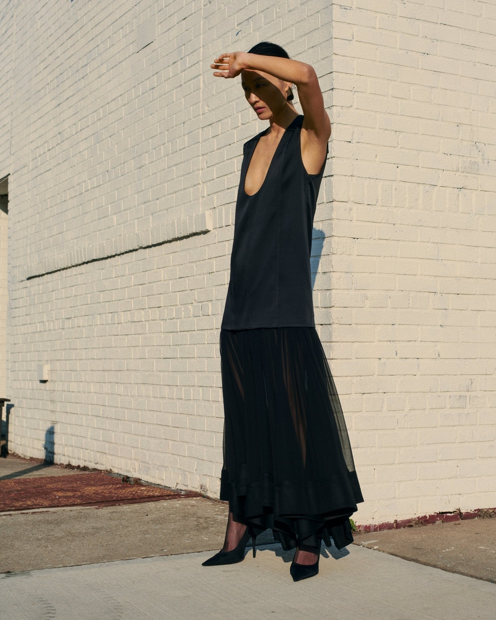 MICHELLE RHEE Deep U-Neck Dress with Gathered Chiffon Skirt - Black MICHELLE RHEE Deep U-Neck Dress with Gathered Chiffon Skirt - Black