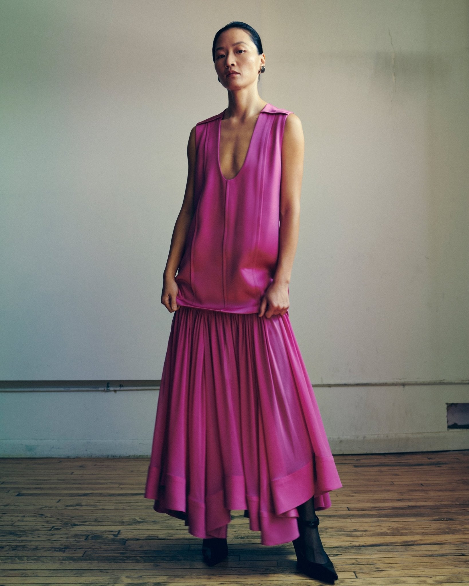 MICHELLE RHEE Deep U-Neck Dress with Gathered Chiffon Skirt - Fuchsia MICHELLE RHEE Deep U-Neck Dress with Gathered Chiffon Skirt - Fuchsia