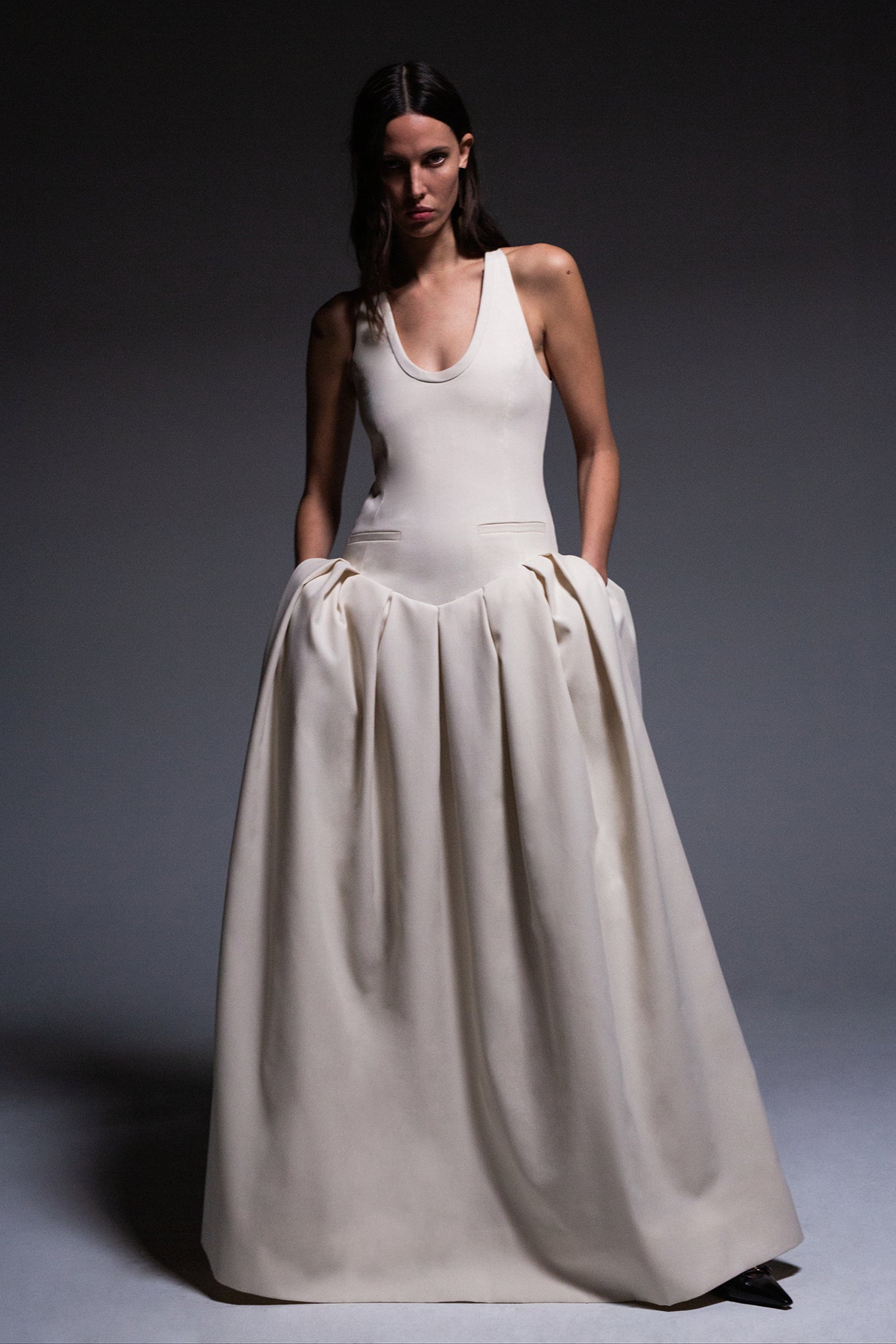 Pleated Hip Gown with Buckled Straps - Ivory