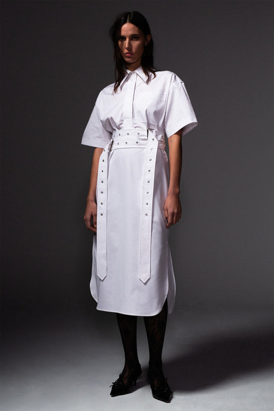 Short Sleeved Belted Shirtdress - White