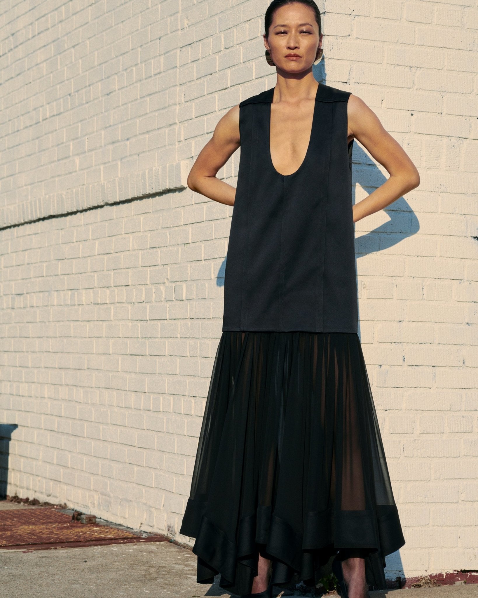 MICHELLE RHEE Deep U-Neck Dress with Gathered Chiffon Skirt - Black MICHELLE RHEE Deep U-Neck Dress with Gathered Chiffon Skirt - Black
